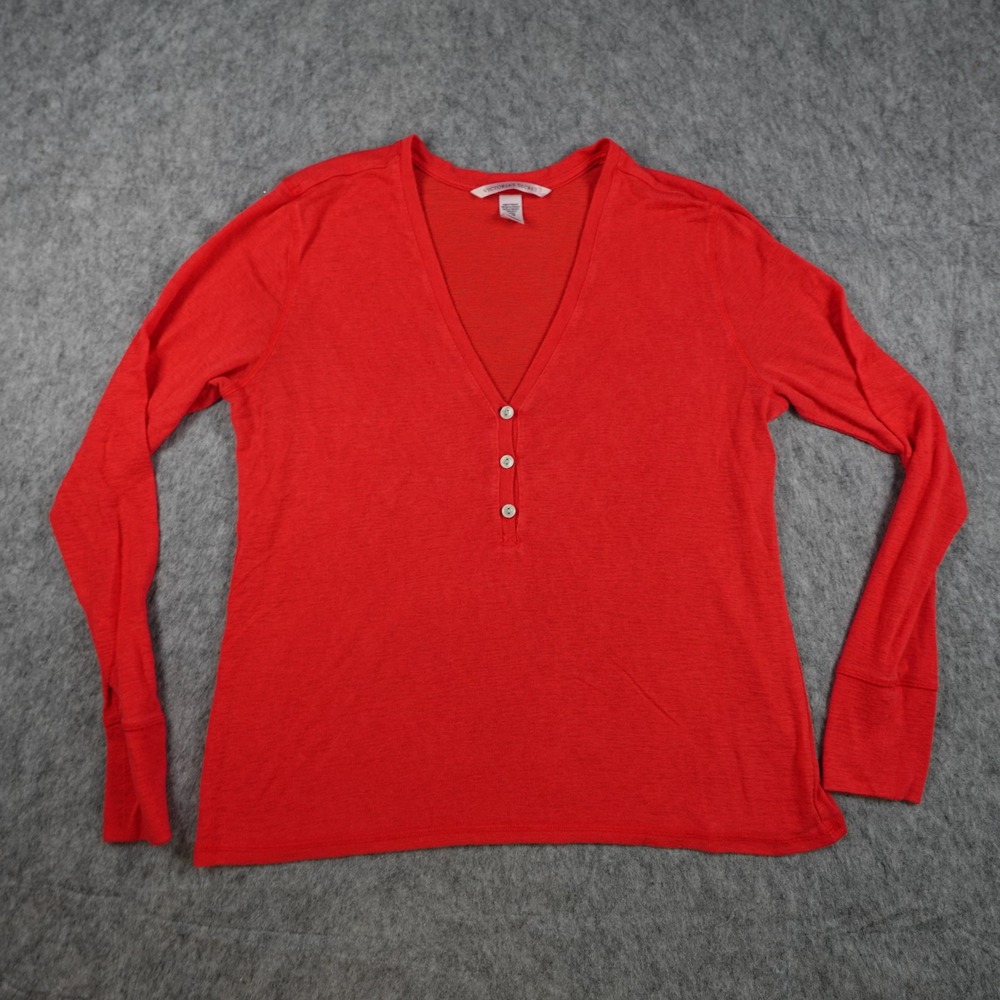 Victoria Secret Top Women Medium Red V Neck Henley Long Sleeve Viscose Knit Soft